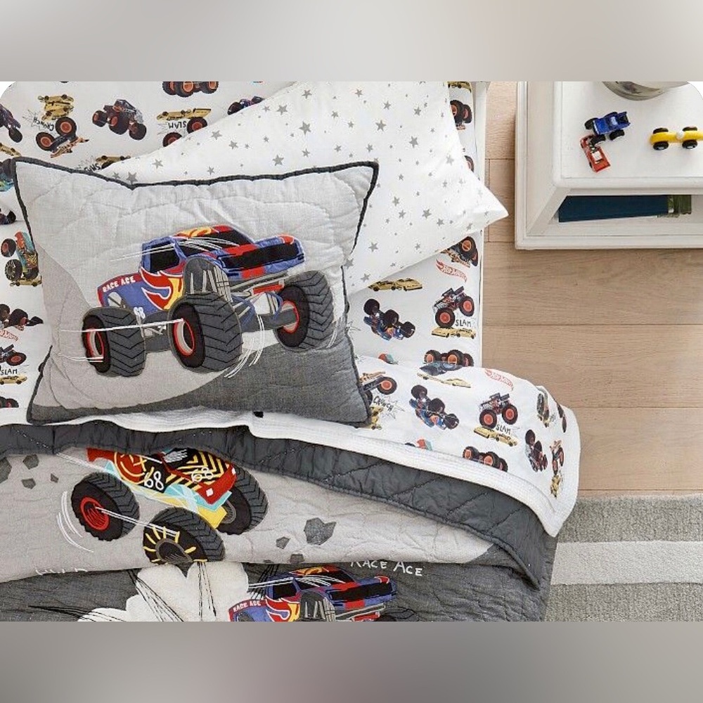 Pottery Barn Kids hot wheels Monster Trucks organic flat sheet twin